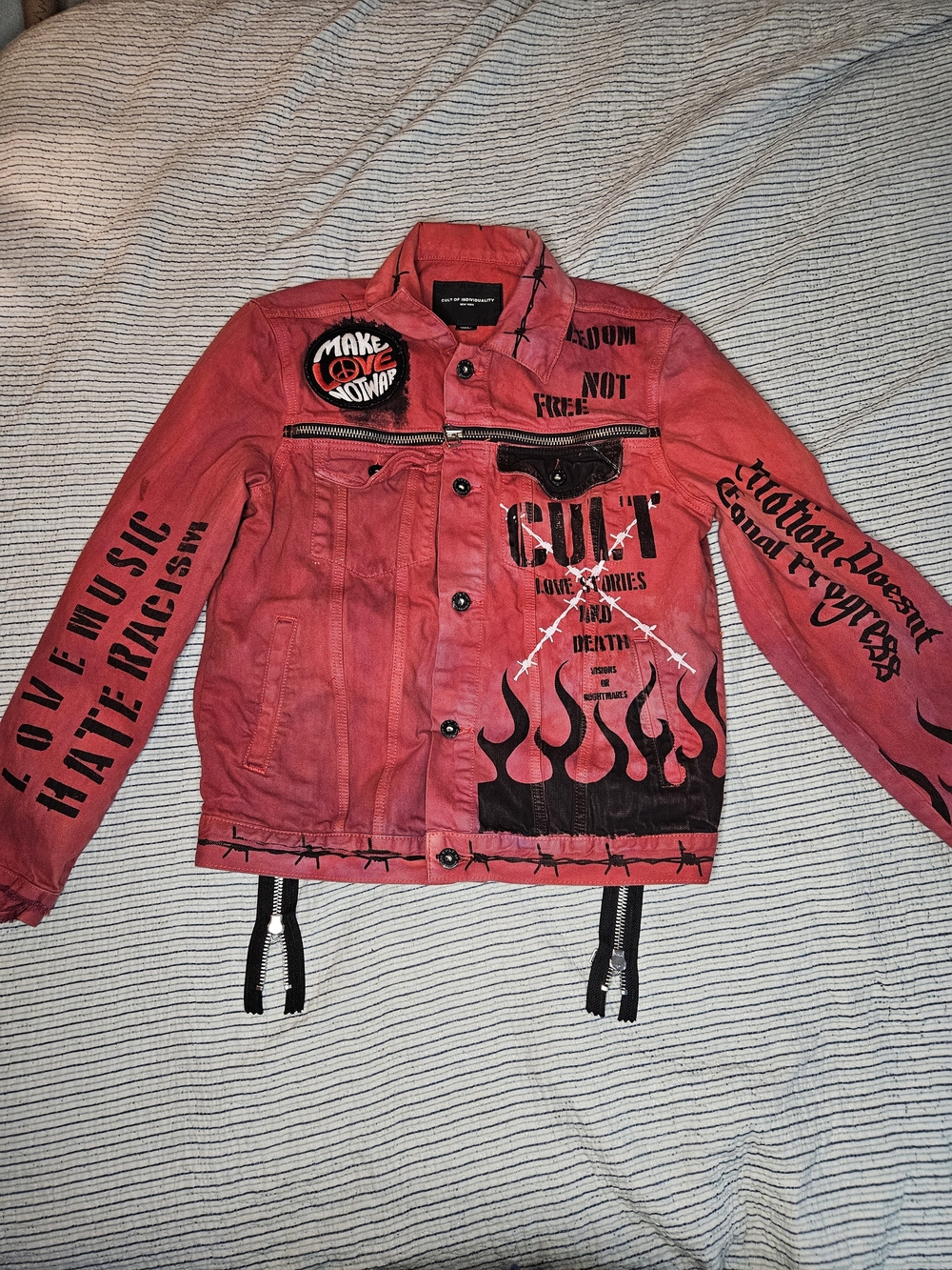 Cult Of Individuality Denim Jacket Sz Small Orange Make Love Not War Rare